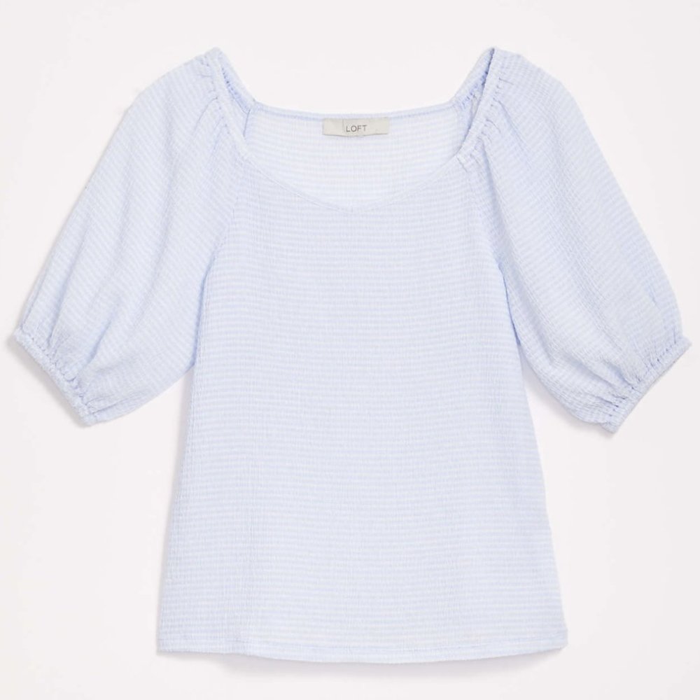 LOFT Striped Puff Sleeve V-Neck Top NWT